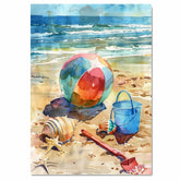 Watercolor Beach Scene with Colorful Ball, Seashells, Starfish, Blue Bucket, and Shovel on Sandy Shore by the Ocean on Ready to Hang 1.5" Thick Canvas Wrap, Floating Framed Canvas, Flat Rolled Canvas